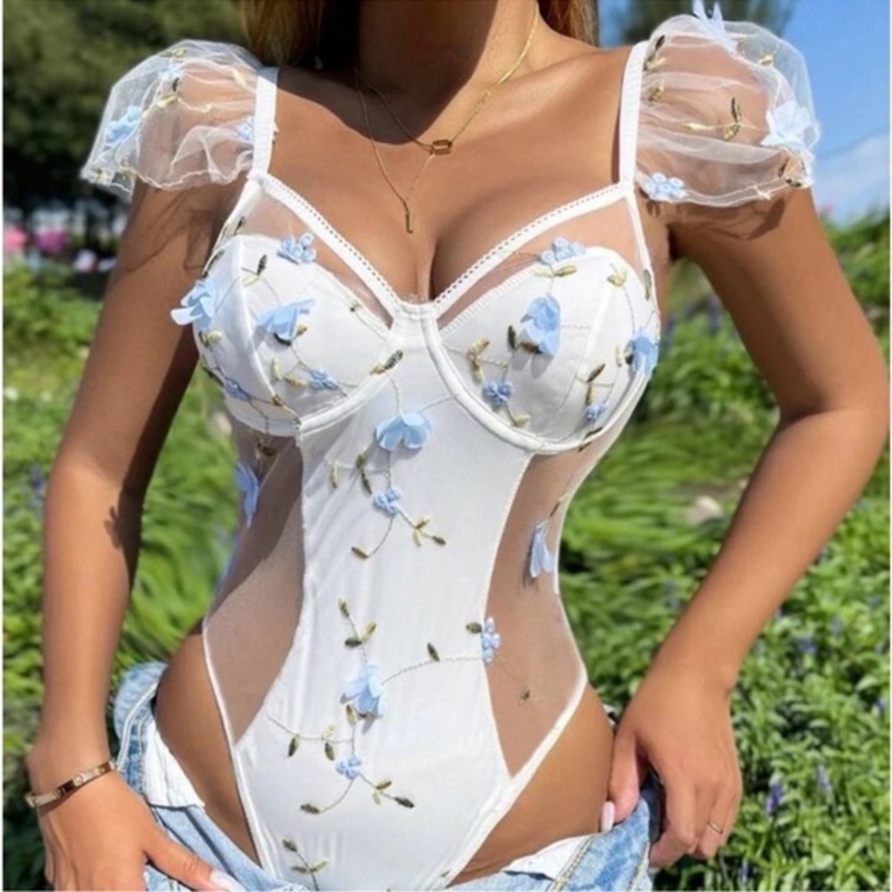 Coquette White Milkmaid Blue Floral Embellished Sheet Panel Bodysuit